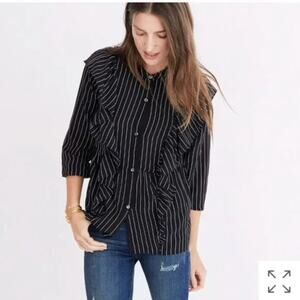 Madewell Black Striped Coquette Silk Ruffle-Front Button Up Striped Blouse xxs